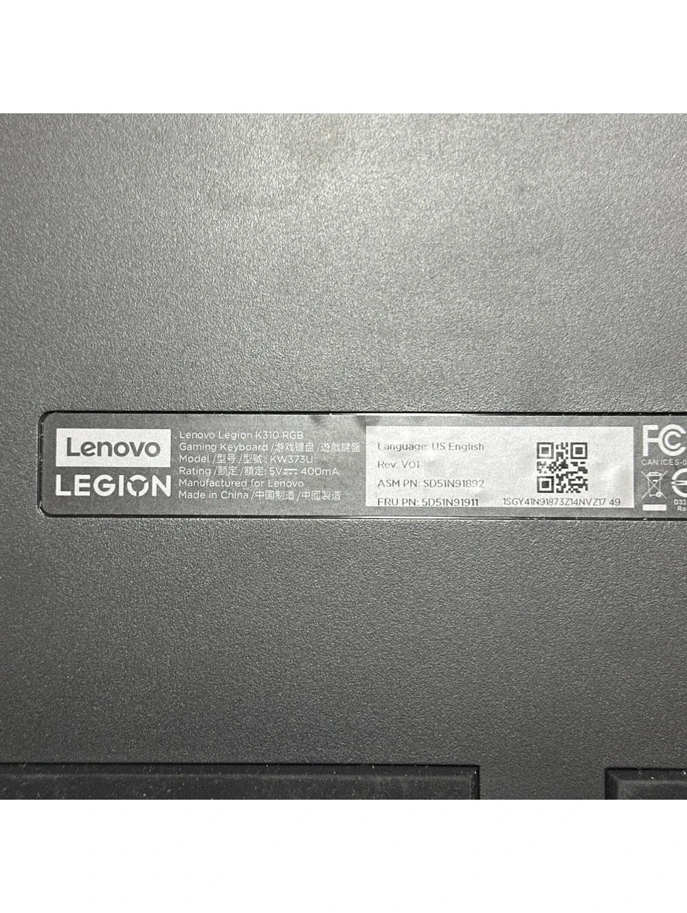 Lenovo Legion K310 RGB Gaming Keyboard Model: KW373U / Black / 5V 400mA TESTED